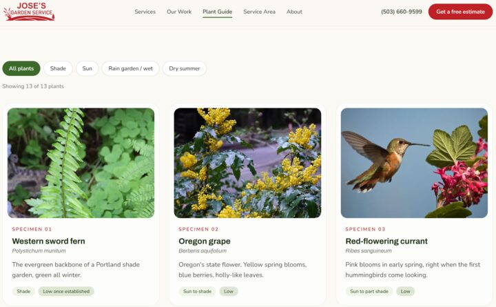 Jose's Garden Service website showing the native plant guide